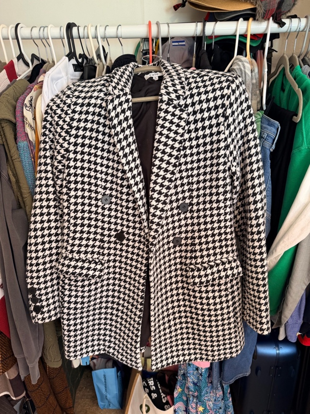 Fate Black and White Houndstooth Double-Breasted Blazer